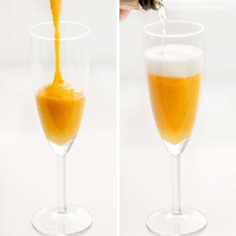 Steps of Adding Peach Puree and Prosecco to Glasses for Peach Bellini Cocktail.