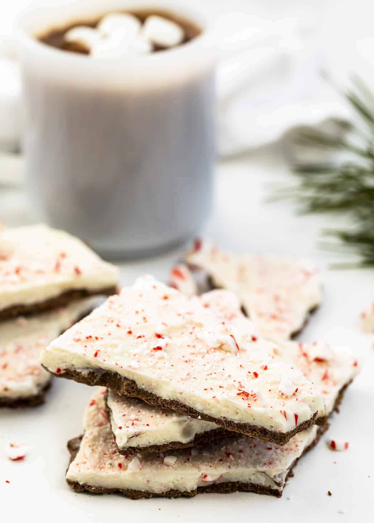 Peppermint Bark Broken and Stacked with Hot Cocoa