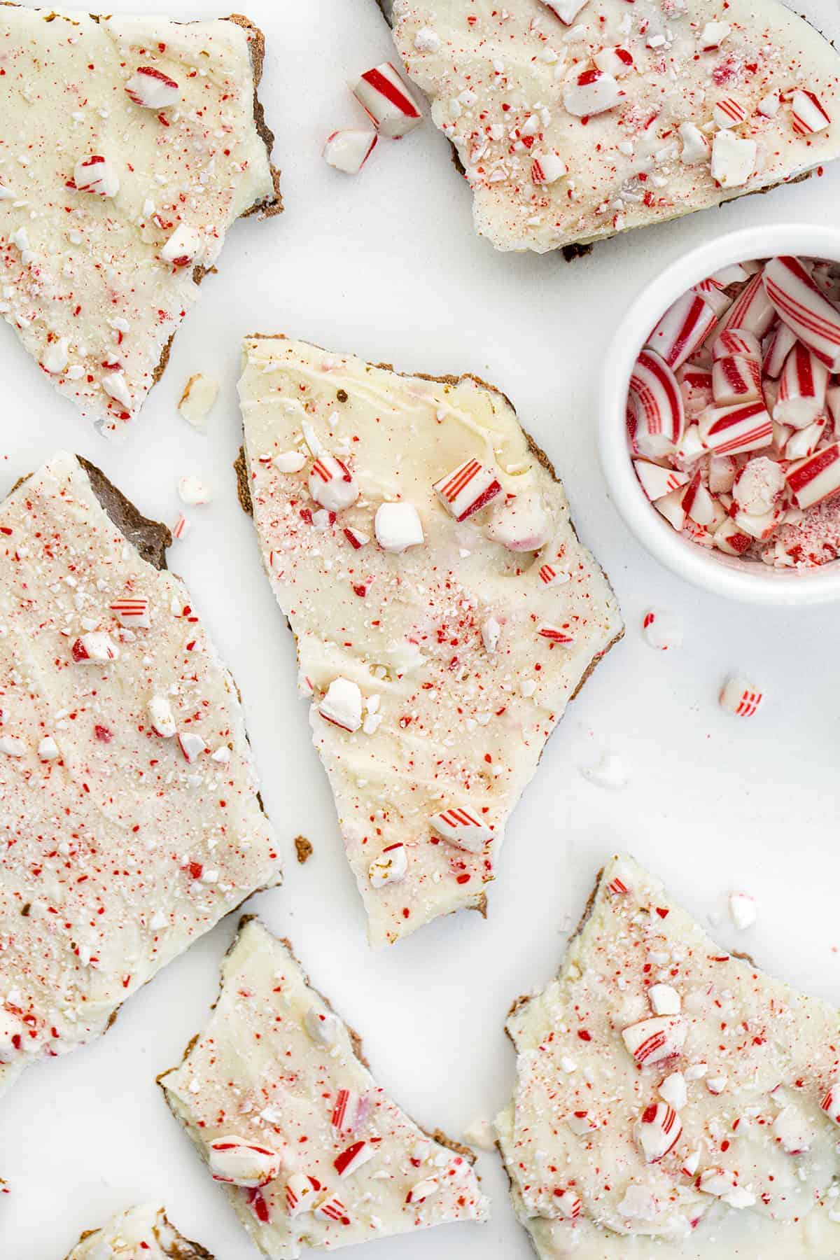 Overhead of Peppermint Bark with Broken Candy Canes