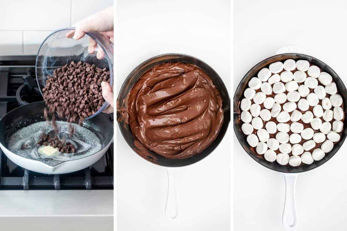 Adding Chocolate and Marshmallows to a Skillet for Smores Dip in a Skillet