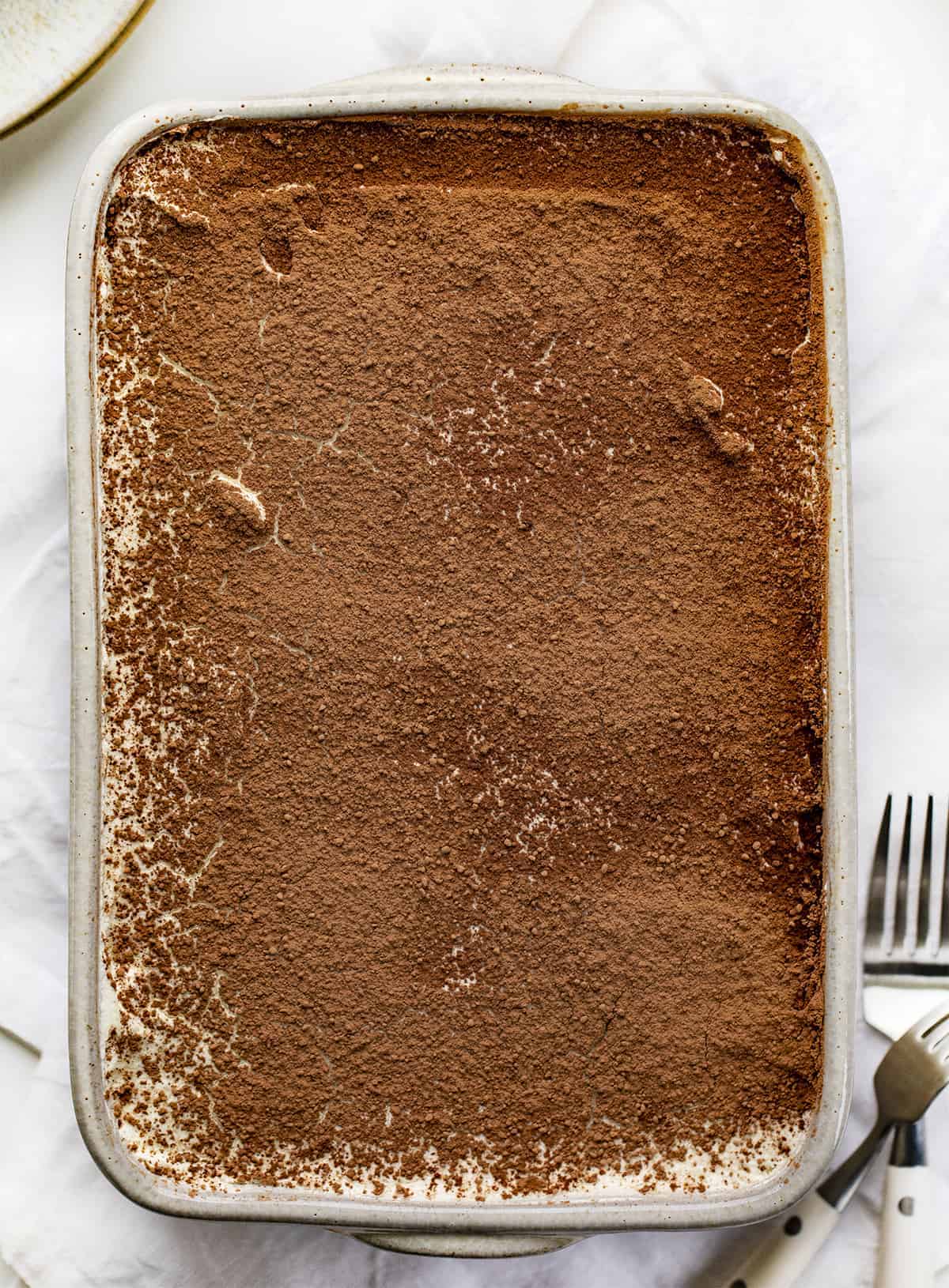 Overhead of Cocoa Dusted Tiramisu in a Pan