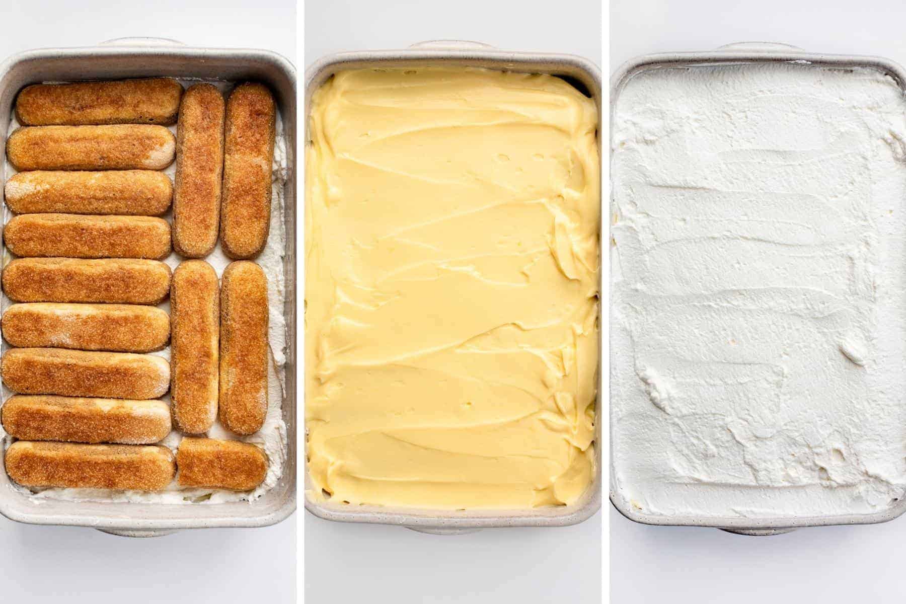 Steps for ladyfingers, pudding, and whipped topping in Tiramisu Dessert Recipe
