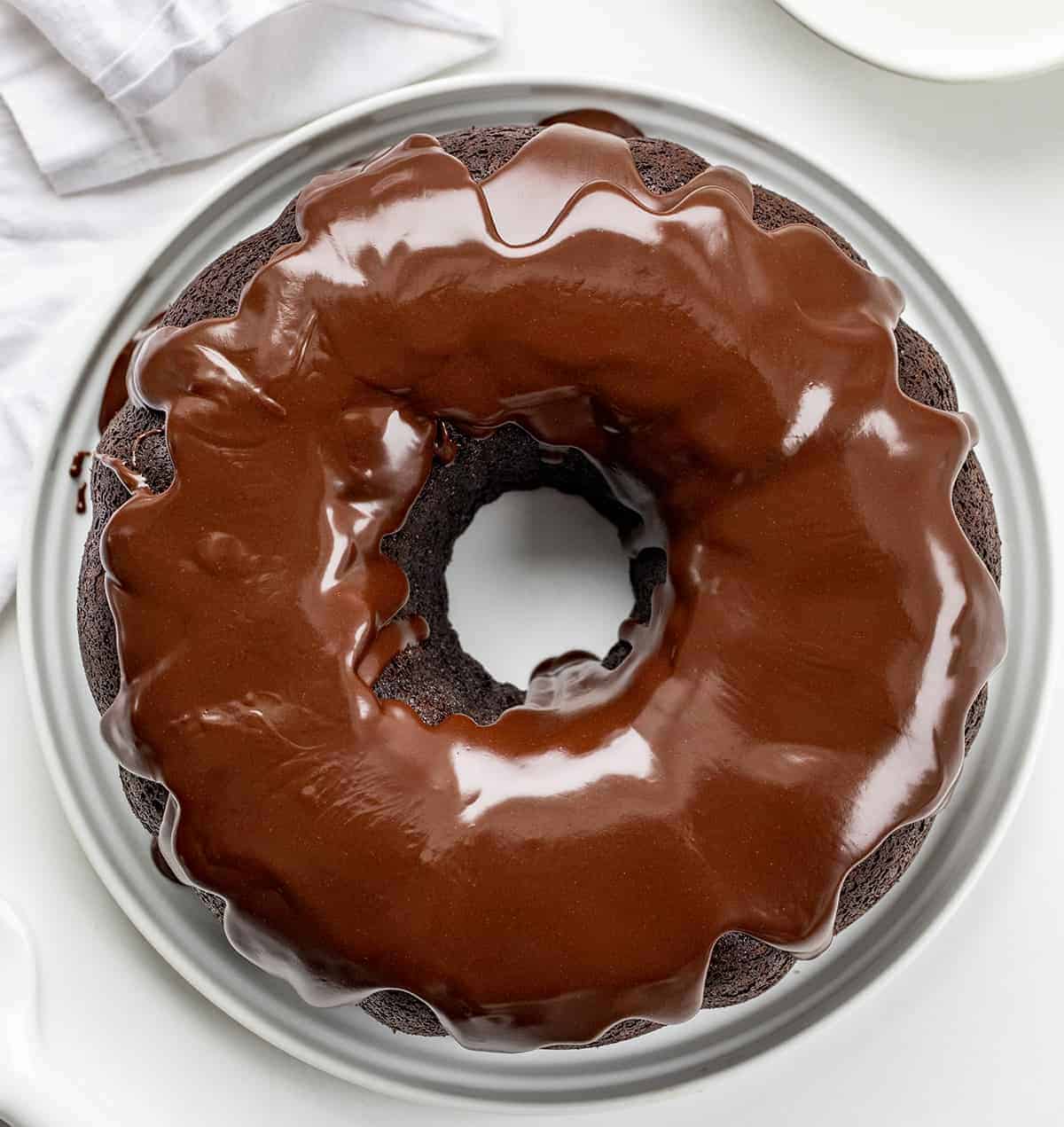OVerhead image of Death by Chocolate Fudge Bundt Cake on White Plate