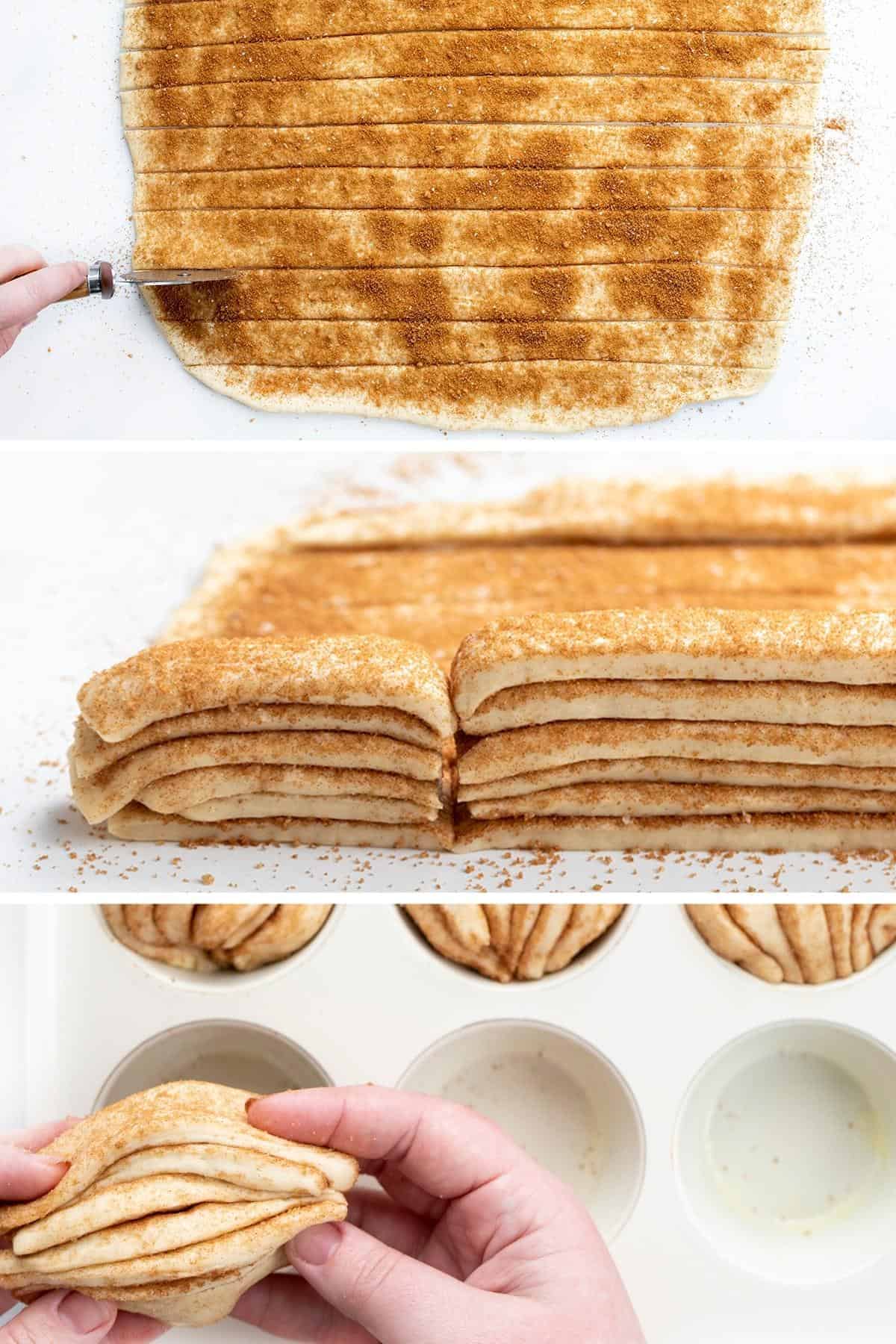 Steps for Making Cinnamon Butterflake Rolls - cutting the bread, stacking the bread, how to hold the bread in the muffin tin