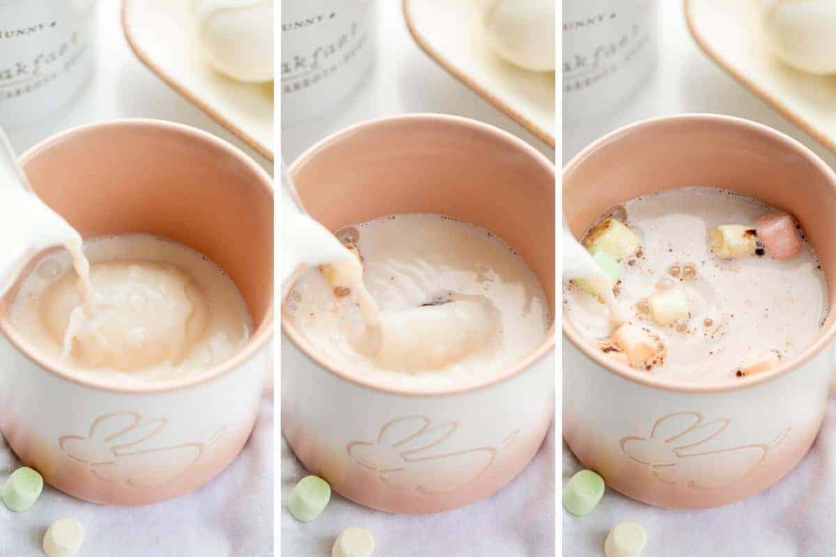 Adding Hot Milk to Easter Hot Cocoa Bombs in a Mug