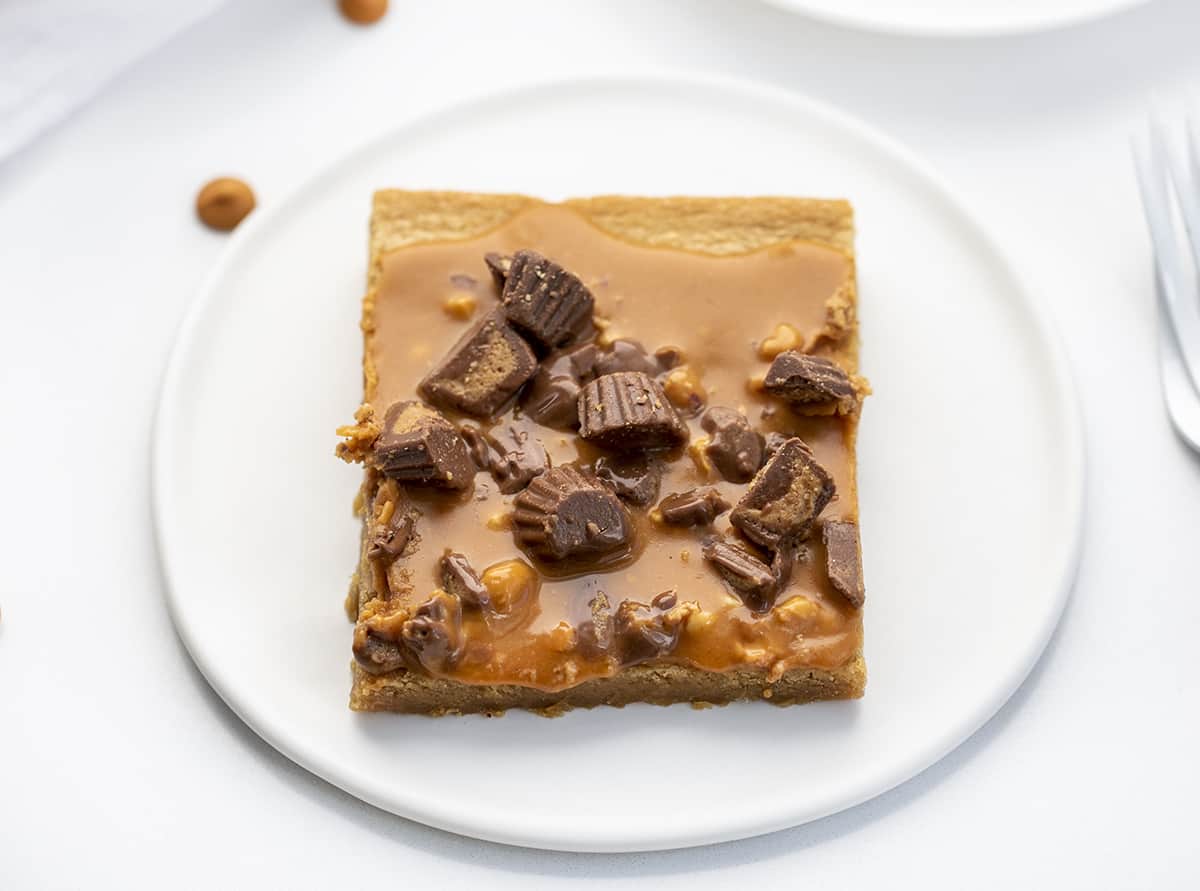 Peanut Butter Reese's Bar on a White Plate with Fork