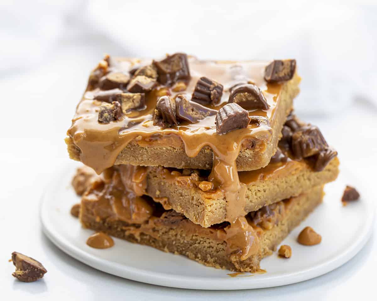 Stack of Peanut Butter Reese's Bars on a White Plate