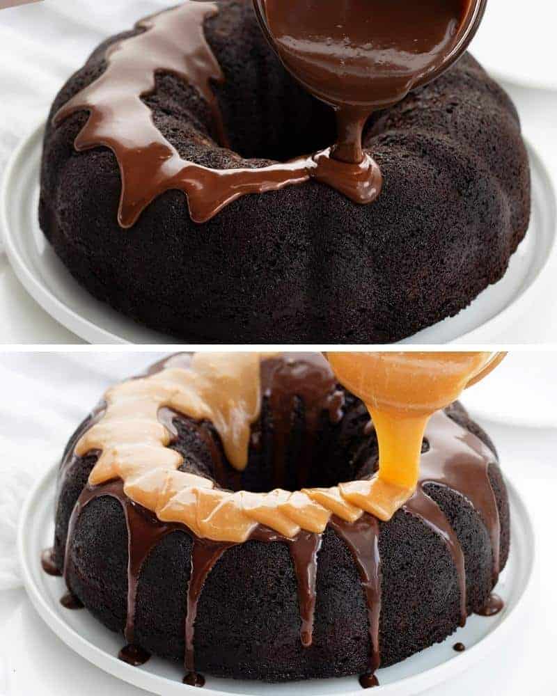 Adding Ganache and Peanut Butter Icing to Chocolate Peanut Butter Bundt Cake