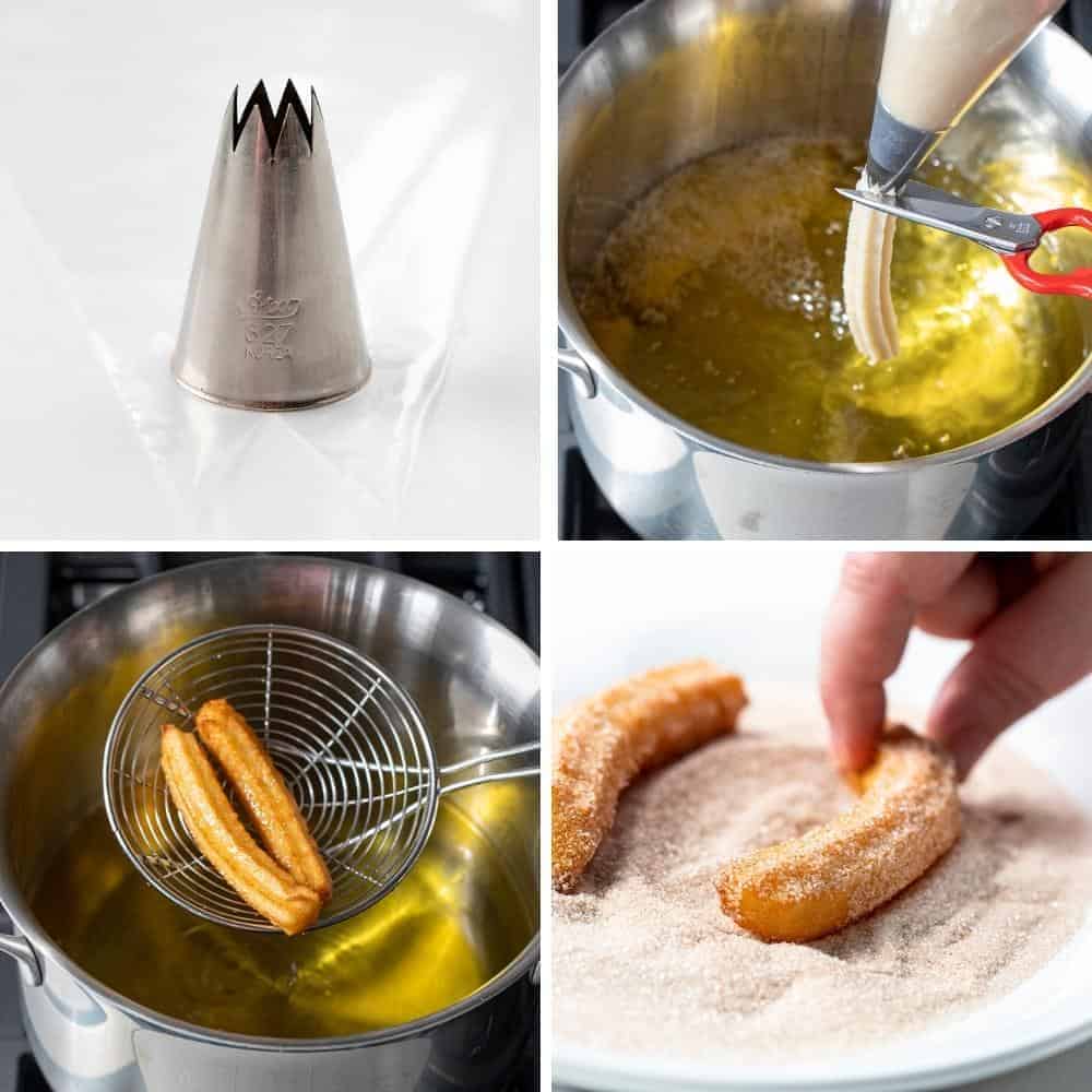 Piping Bag, Tip, Hot Oil, Cutting Dough into Hot Oil, Removing Fried Churros, and Coating Churros in Cinnamon Sugar Process Shots for Churros Recipe
