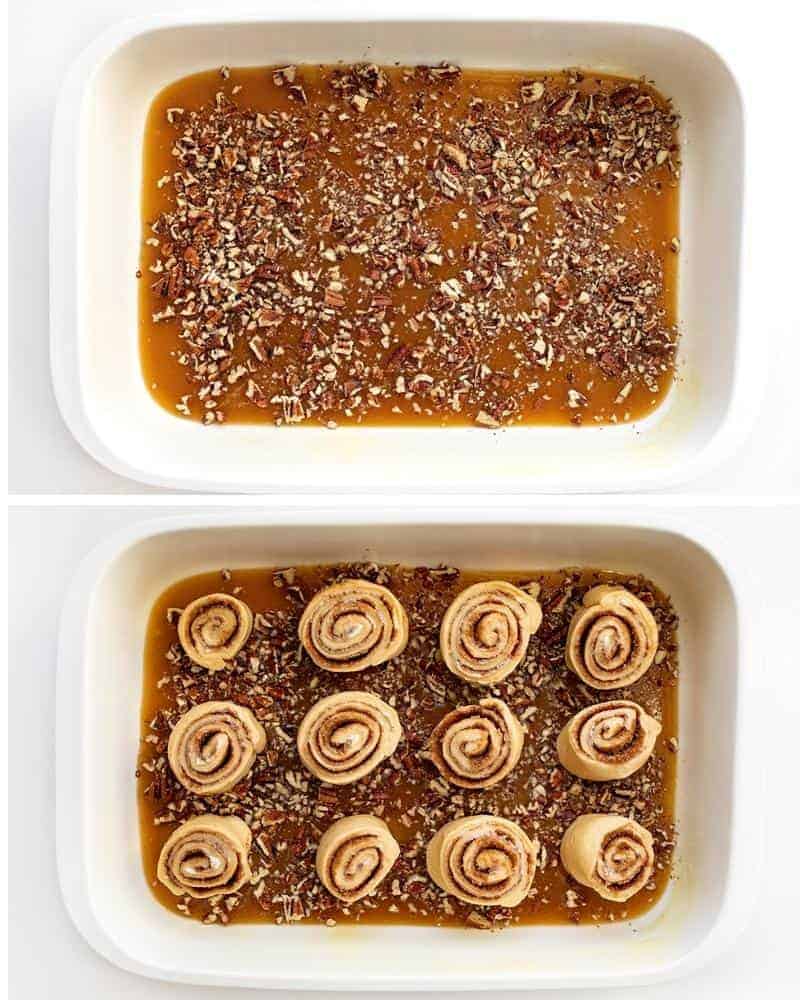 Steps for Making Easy Sticky Buns with Sauce in a Casserole and then Adding the Cut Rolls on Top