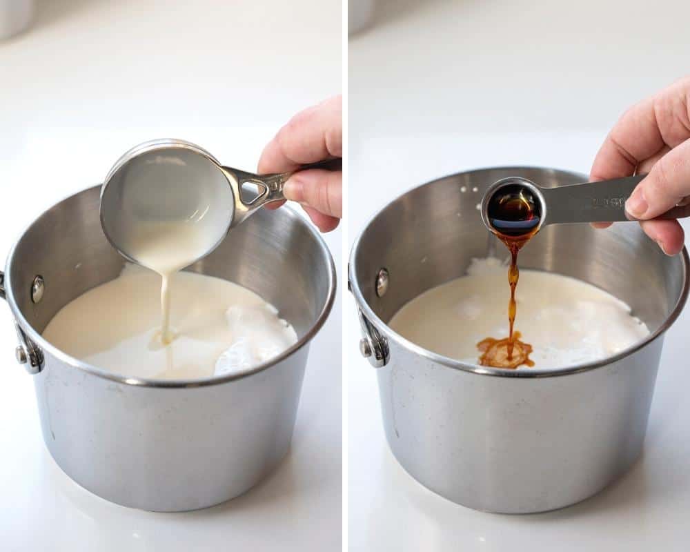 Adding heavy cream and vanilla to marshmallow fluff in a pan