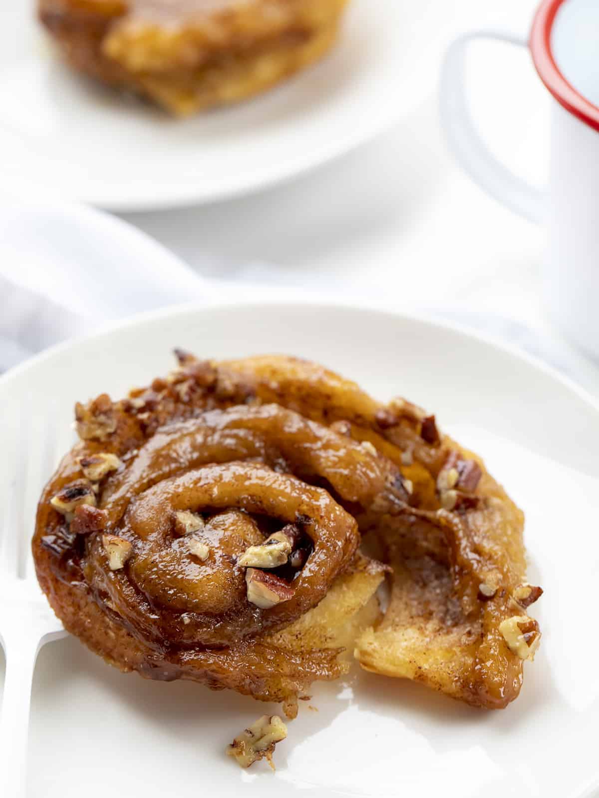 One Sticky Bun on a White Plate Slightly Unrolled