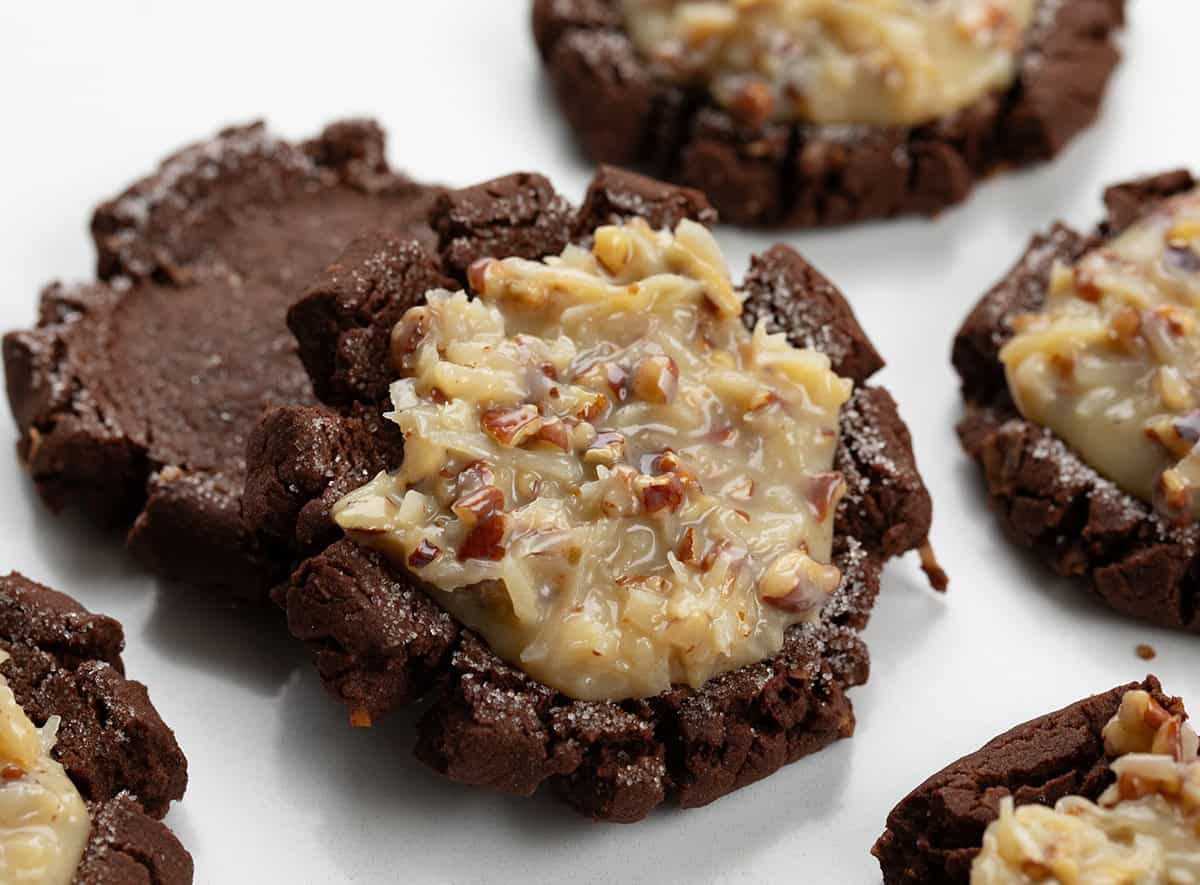 German Chocolate Cookies on a white table.