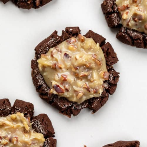 German Chocolate Cookies on a white table.