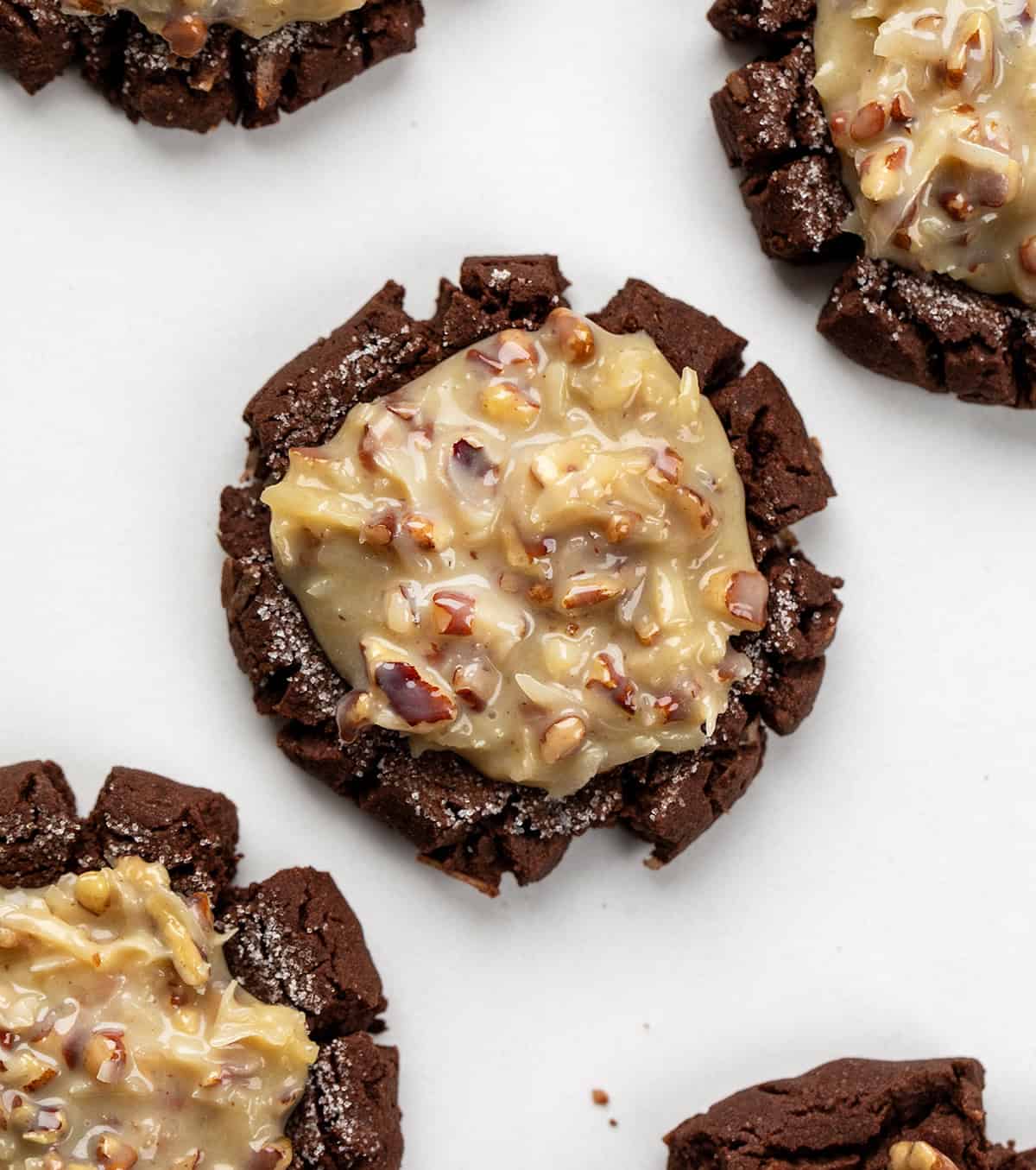 German Chocolate Cookies on a white table. 