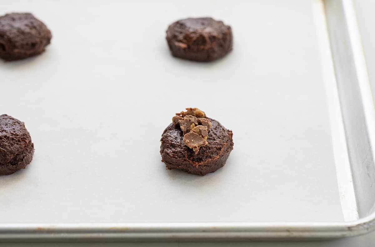 Raw batter with a few reeses sprinkled on top before baking.