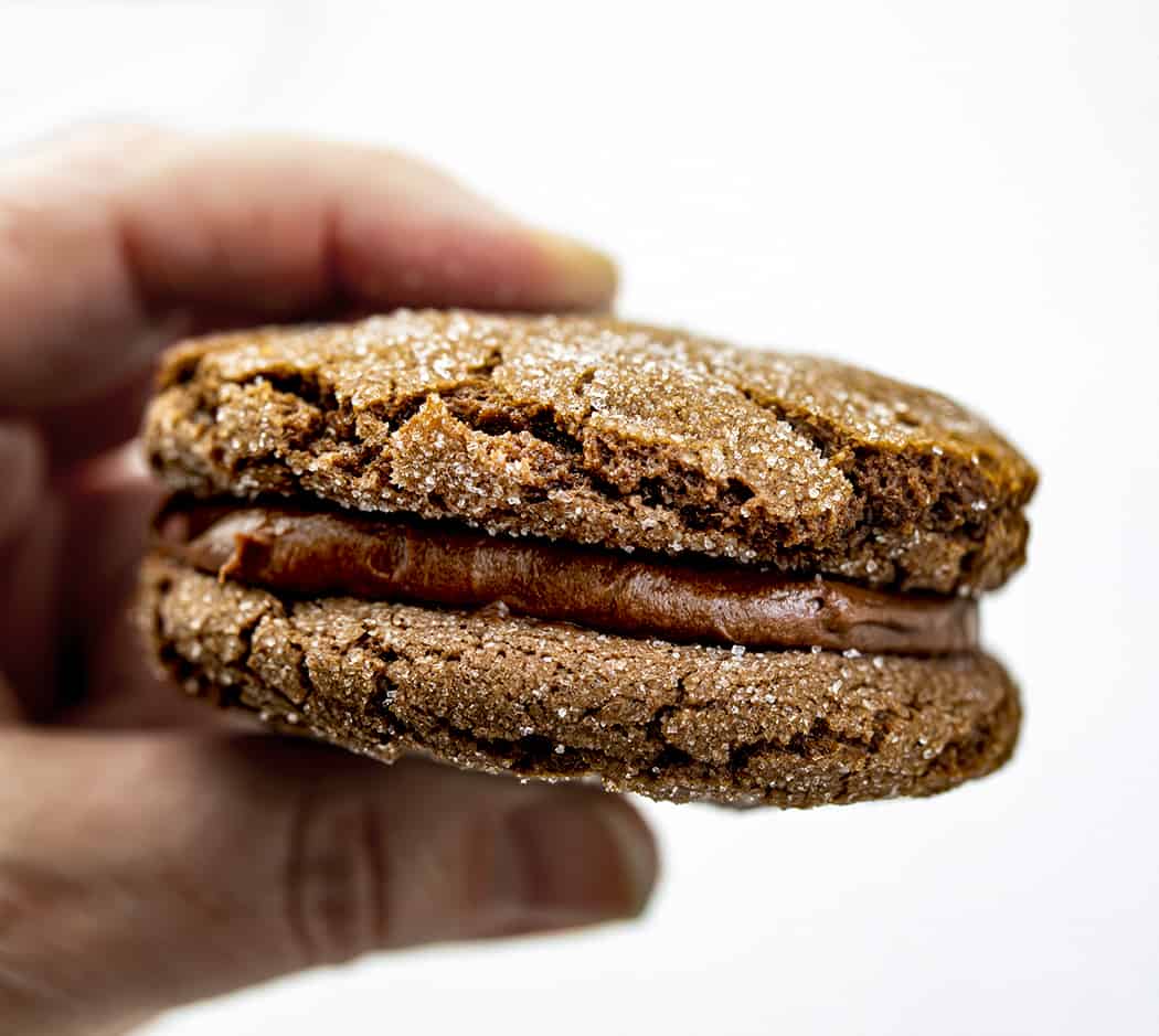 Hand Holding a Chocolate Sandwich Cookie.