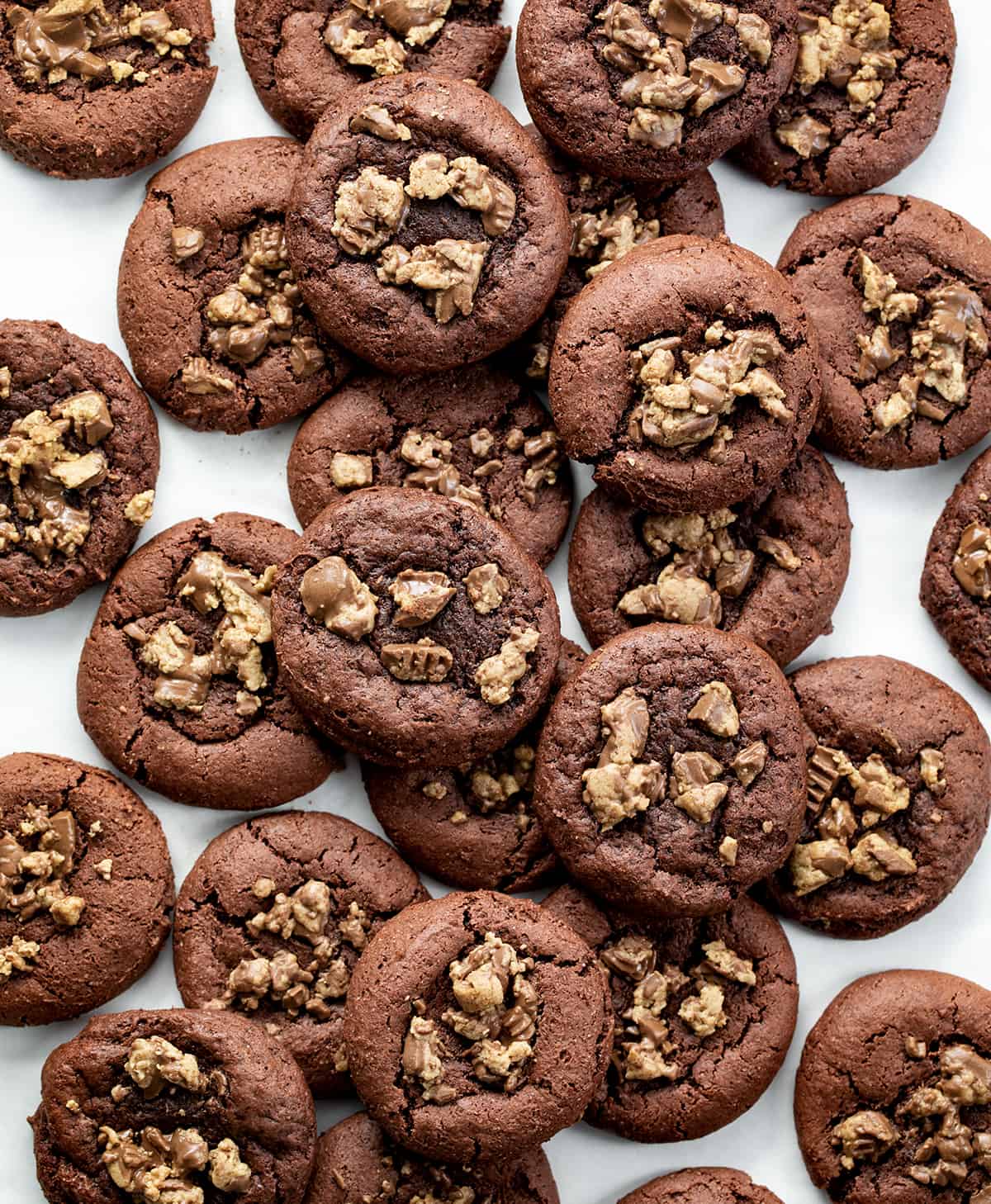 Reese's Cake Mix Cookies on a White Counter Shot from Overhead.