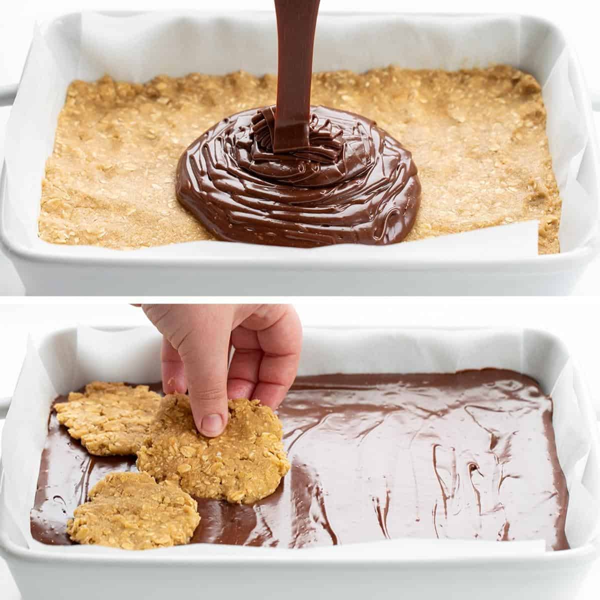 Adding Fudge and then Oatmeal Rounds to a Pan to Make Revel Bars