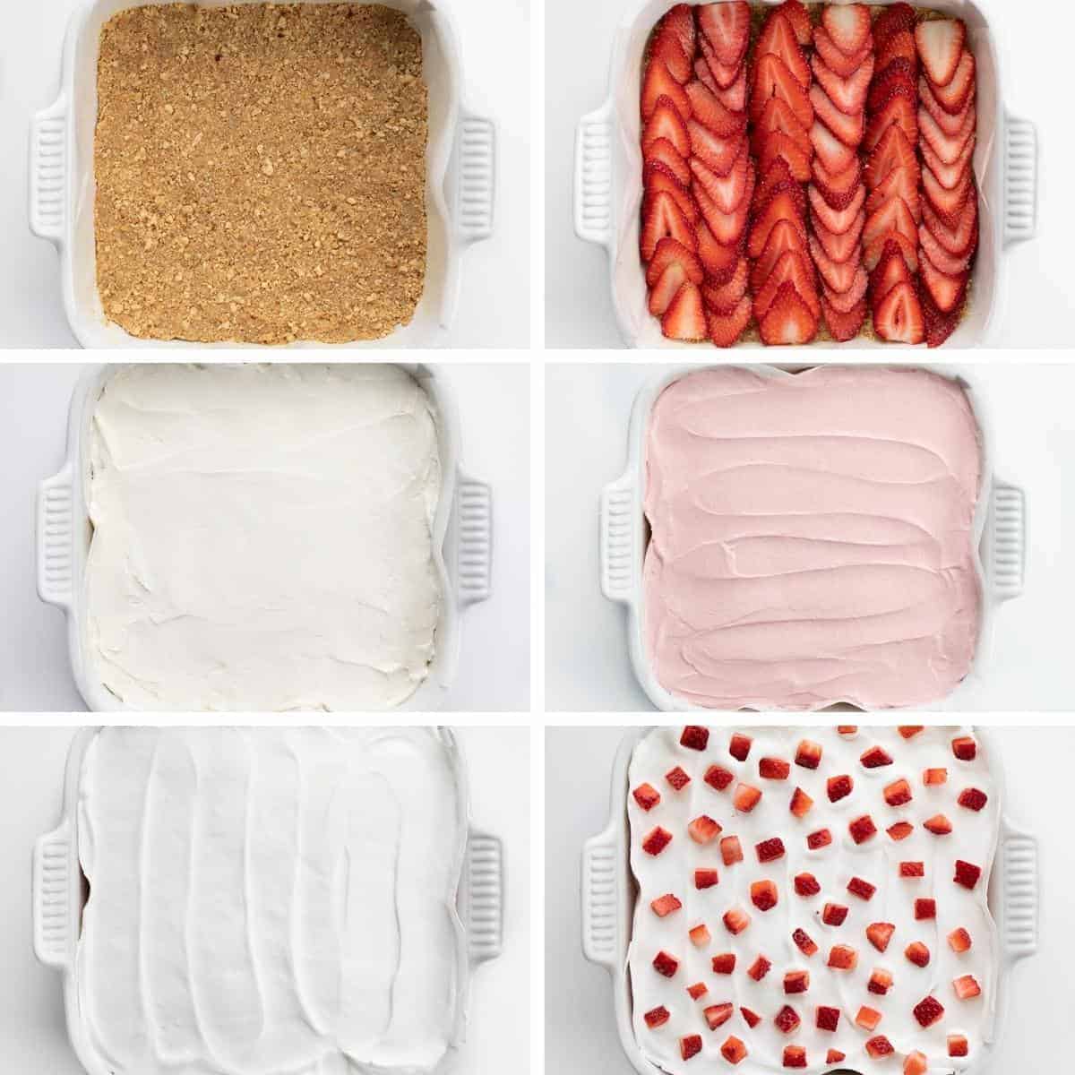 Steps for adding crust, strawberries, whipped topping, and jello pudding, and diced strawberries to make No Bake Strawberry Delight