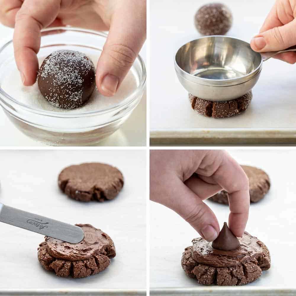 Steps for Making Triple Chocolate Blossoms with Dipping in Sugar, Flattening, Frosting, and adding the Kiss on Top.