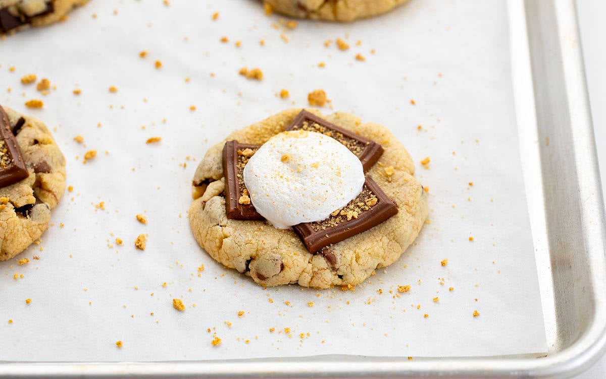 S'mores Cookies on a cookie sheet.