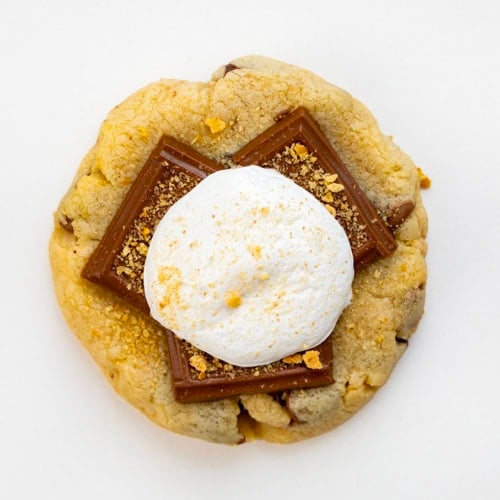 Close up of a S'mores Cookies from overhead.