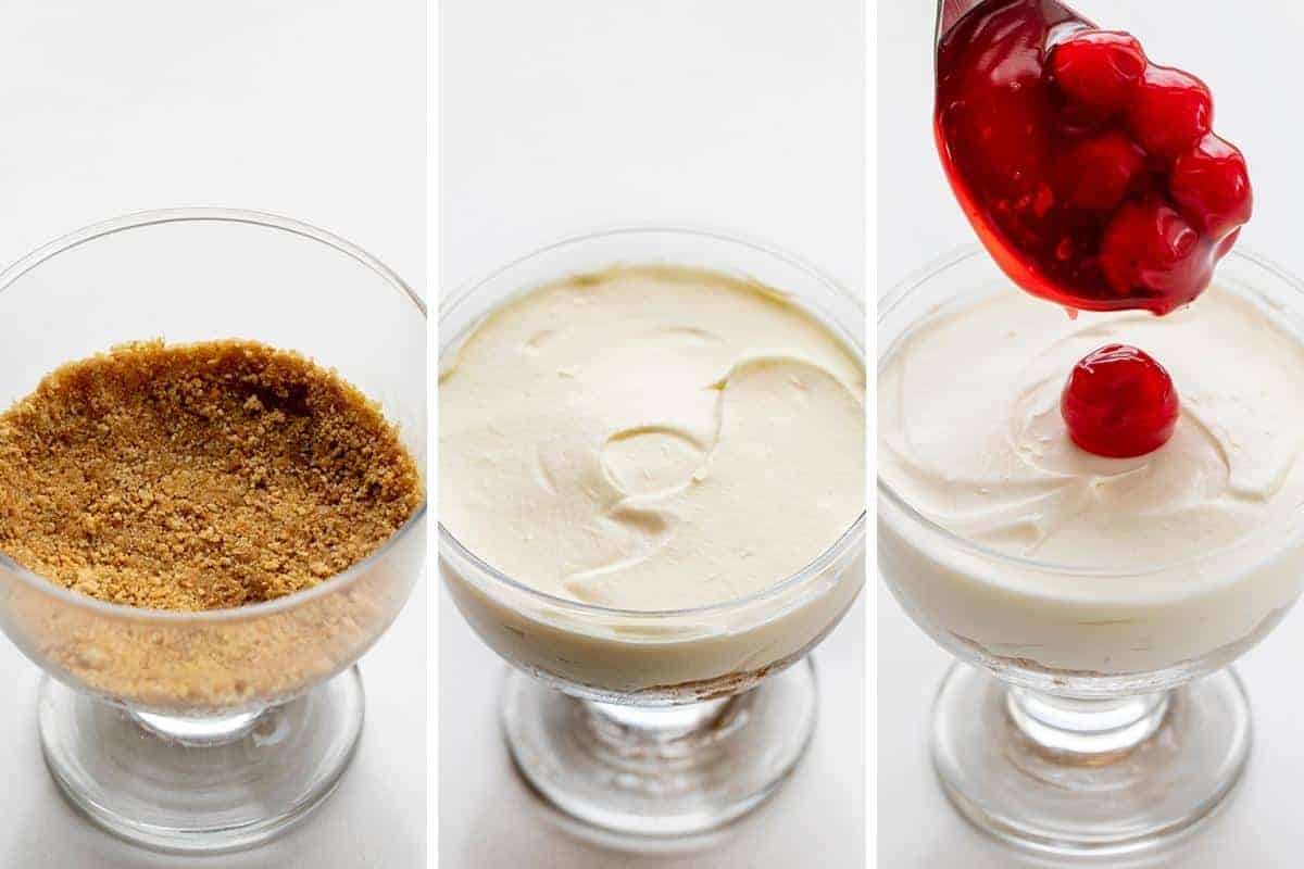 Steps for Making No-Bake Cherry Cheesecake Parfaits; adding crust, cheesecake filling, and cherry pie topping.