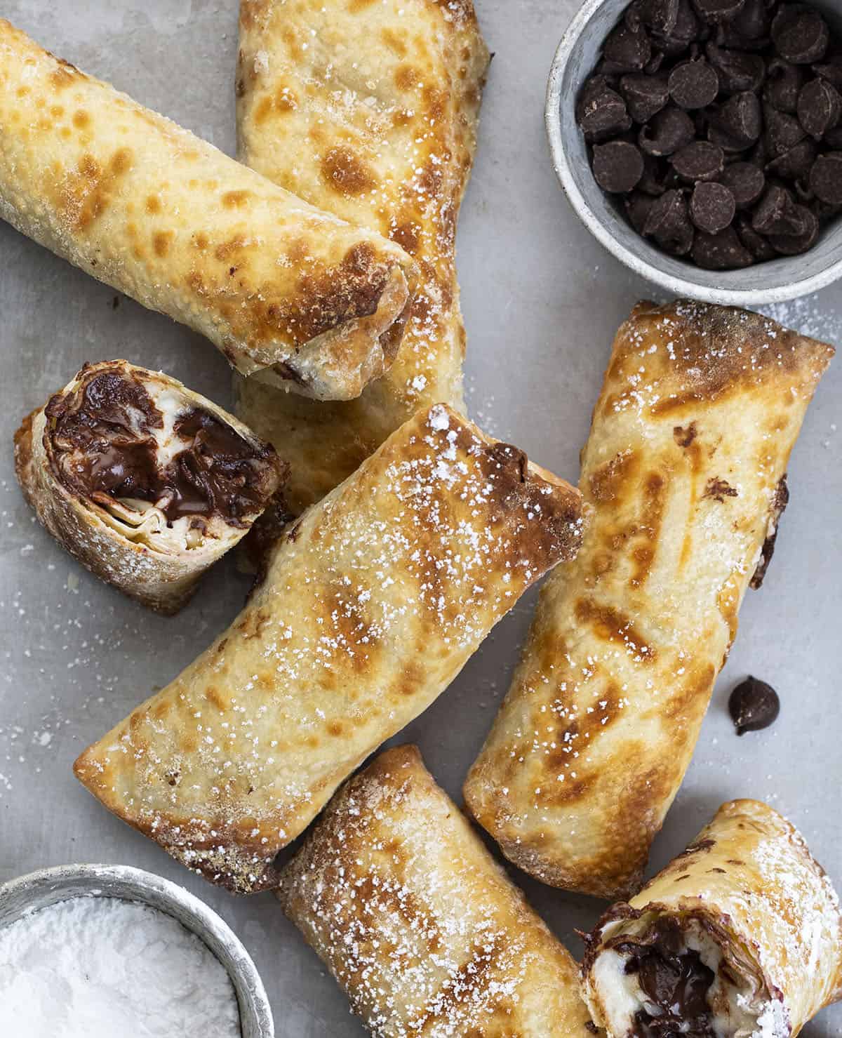 Chocolate Chip Cheesecake Egg Rolls from OVerhead. Dessert, Air Fryer Dessert, Frying Dessert, Baked Dessert, Chocolate Chip Cheesecake, Egg Rolls, Snacks, Air Fryer Recipes, Cheesecake, Chocolate, i am baker, iambaker