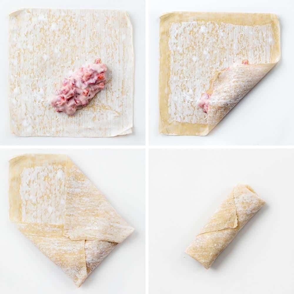 Process for Making a Strawberry Cheesecake Egg Rolls by Fillinf, rolling, and Wrapping
