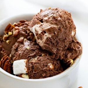 Bowl of 3 scoops of Rocky Road Ice Cream.