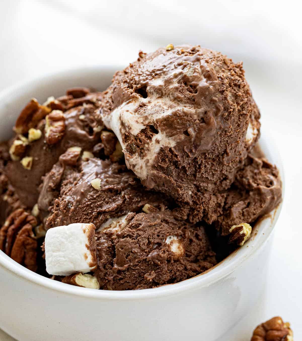 Bowl of 3 scoops of Rocky Road Ice Cream.