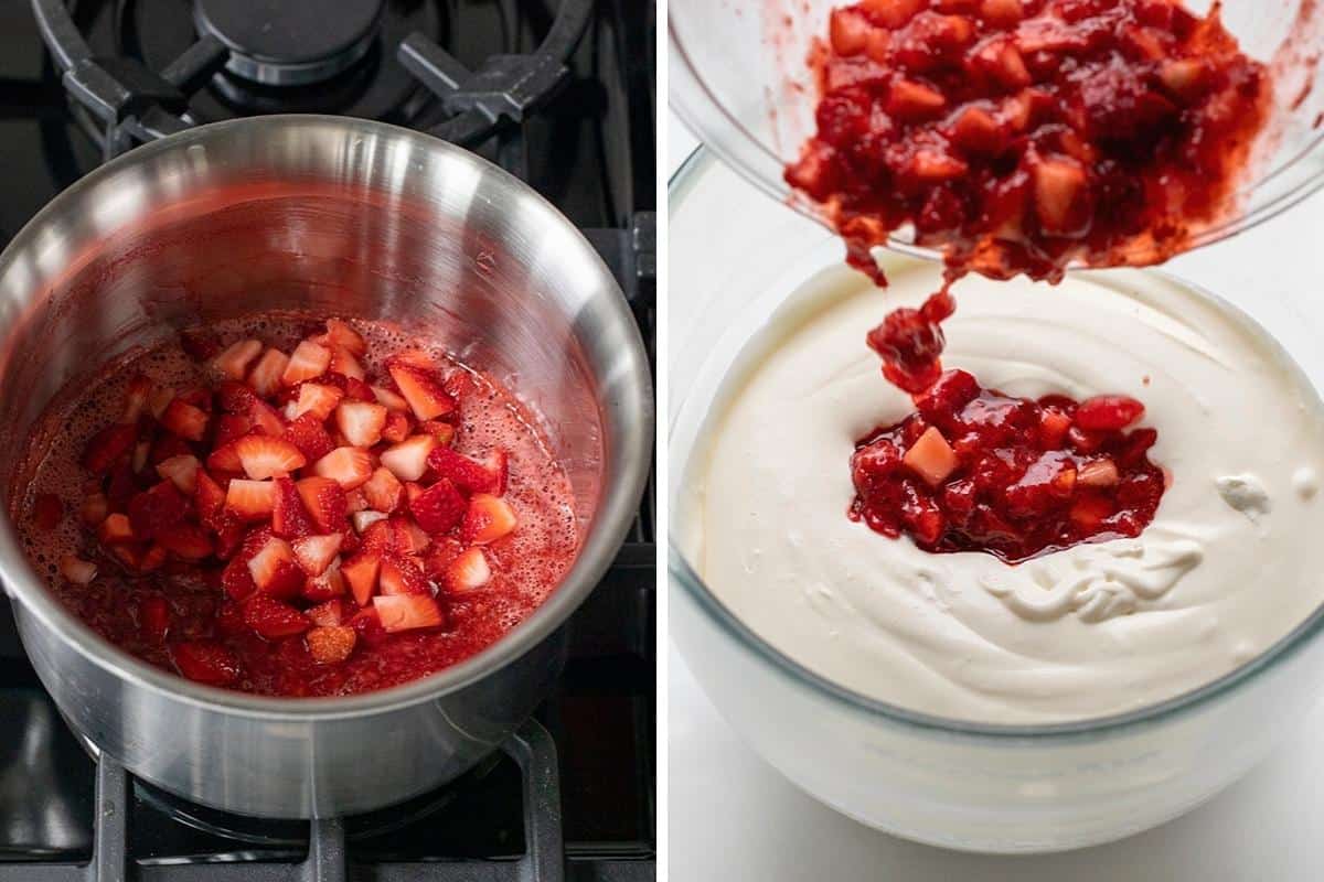 Making Strawberry Sauce and then adding it to Whipped Cream to Make No-Churn Strawberry Ice Cream. Dessert, Ice Cream, Ice Cream Recipes, No Churn Ice Cream, Strawberry Ice Cream, Summer Desserts, No Bake Dessert, i am baker, iambaker.