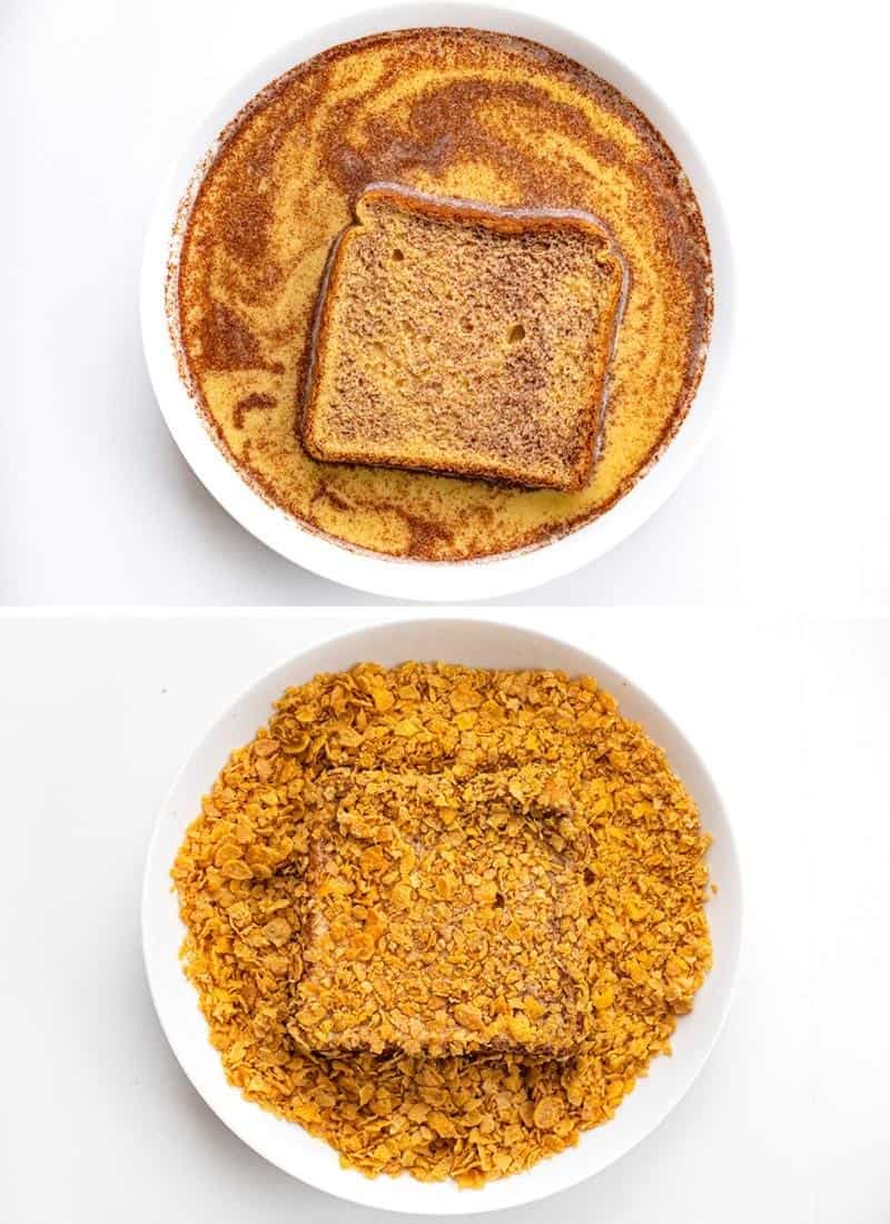 Process of Adding Bread to Cinnamon Egg Mixture and Then Dipping in Crushed Cornflakes