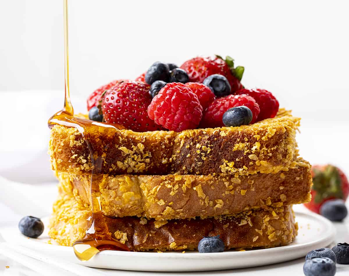 Drizzling Syrup over Cornflake Crunchy French Toast