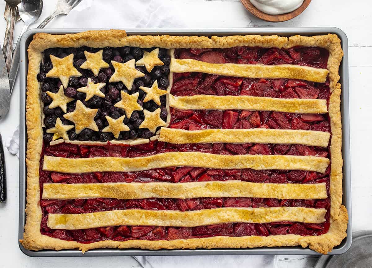 Overhead of a baked Stars and Stripes Pie - Flag Pie.