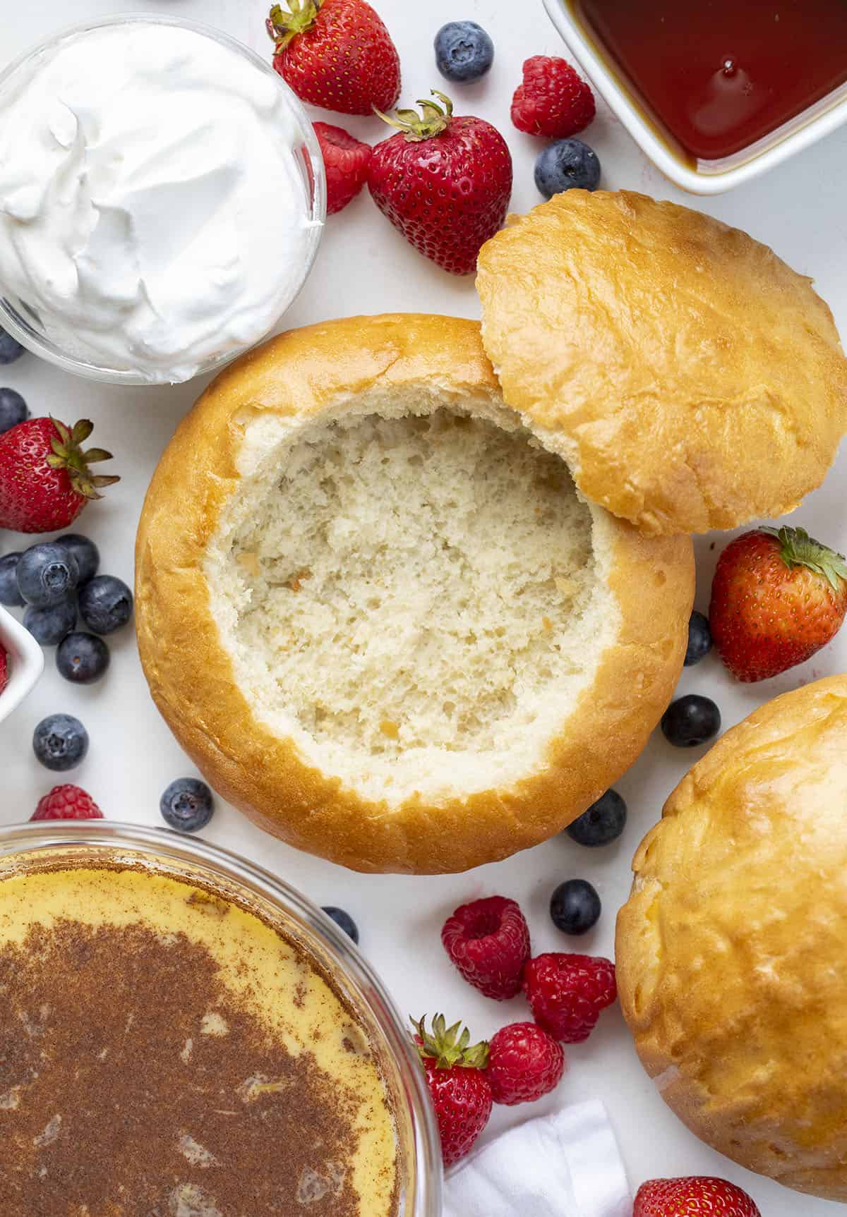 Empty and Uncooked Bread Bowl Ready to Be Dipped and Put Into AirFryer. reakfast, French Toast, French Toast Bread Bowl, Fresh Fruit French Toast Bread Bowl, How to Make a Bread Bowl into French Toast, What Bread for French Toast, Fruit Filled French Toast, Fruit Breakfast, Breakfast Recipes, Decadent Breakfast, Brunch Breakfast Ideas, i am baker, iambaker.