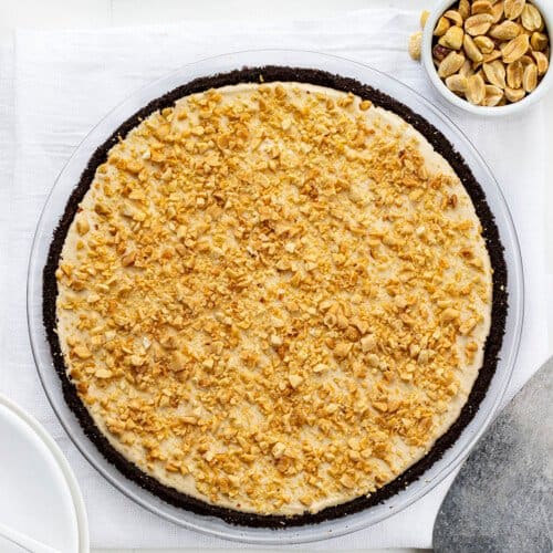 Overhead Image of a Completed Easy Peanut Butter Pie with Peanut Topping.