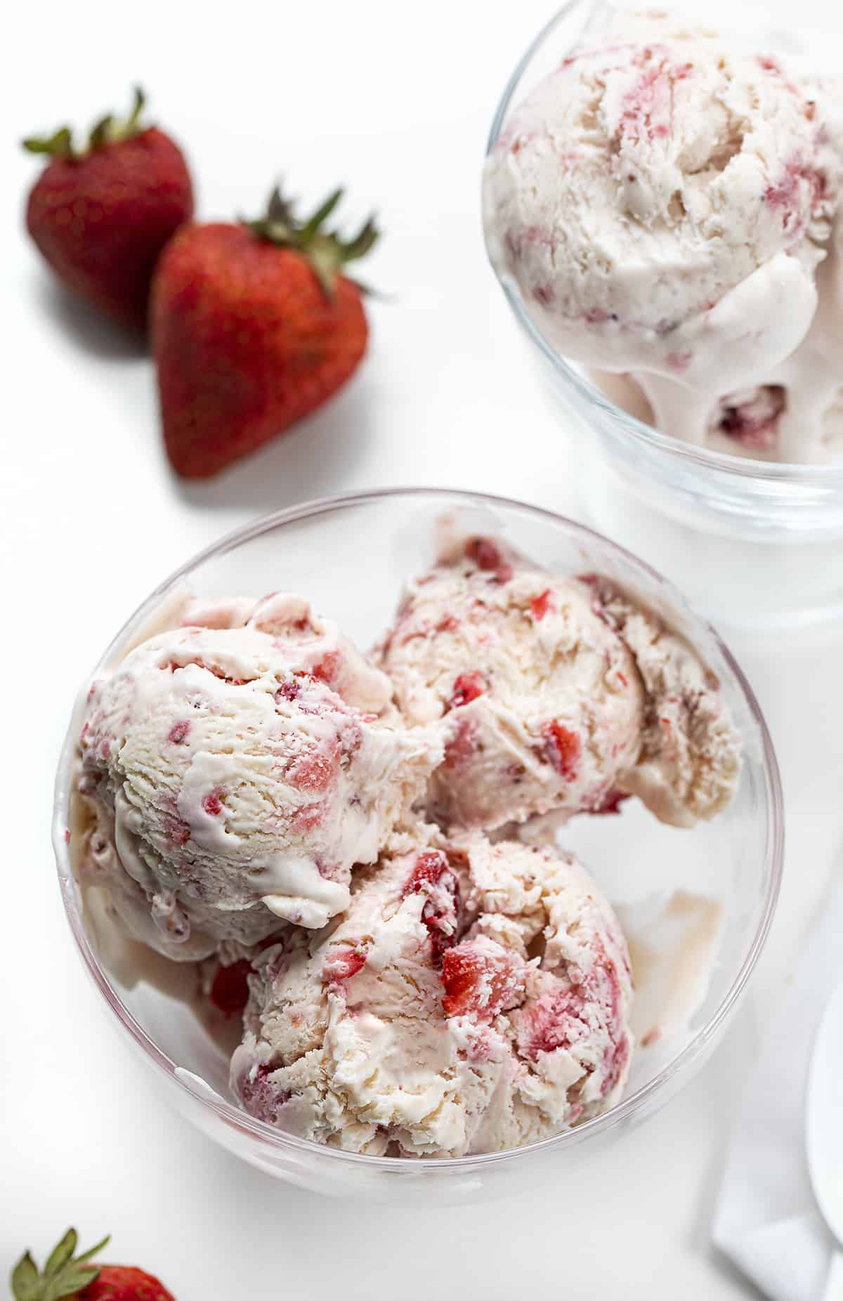 Looking at No-Churn Strawberry Ice Cream from Overhead in Serving Cups. Dessert, Ice Cream, Ice Cream Recipes, No Churn Ice Cream, Strawberry Ice Cream, Summer Desserts, No Bake Dessert, i am baker, iambaker.