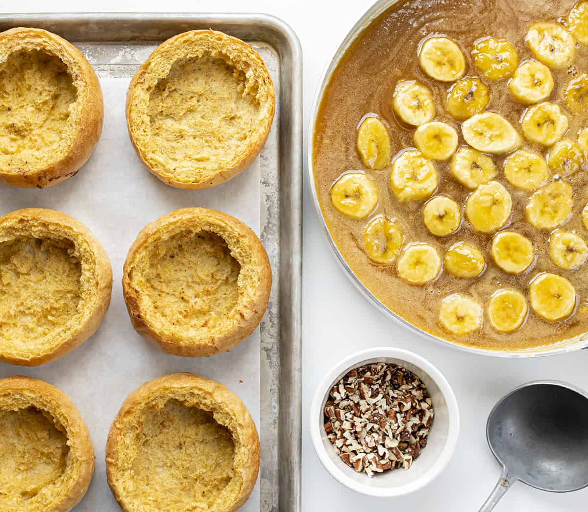 Ingredients needed for making Bananas Foster French Toast Bowl. Breakfast, Breakfast Bowl, French Toast, French Toast Bread Bowl, Bananas Foster French Toast Bread Bowl, Air Fryer Breakfast, Breakfast Recipes, Brunch Recipes, Easy Bananas Foster, French Toast Bowls, i am baker, iambaker.