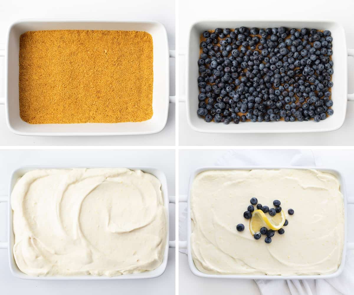 Steps for Making a Blueberry Icebox Cake with Graham Cracker, Blueberries, Filling, and Topping.
