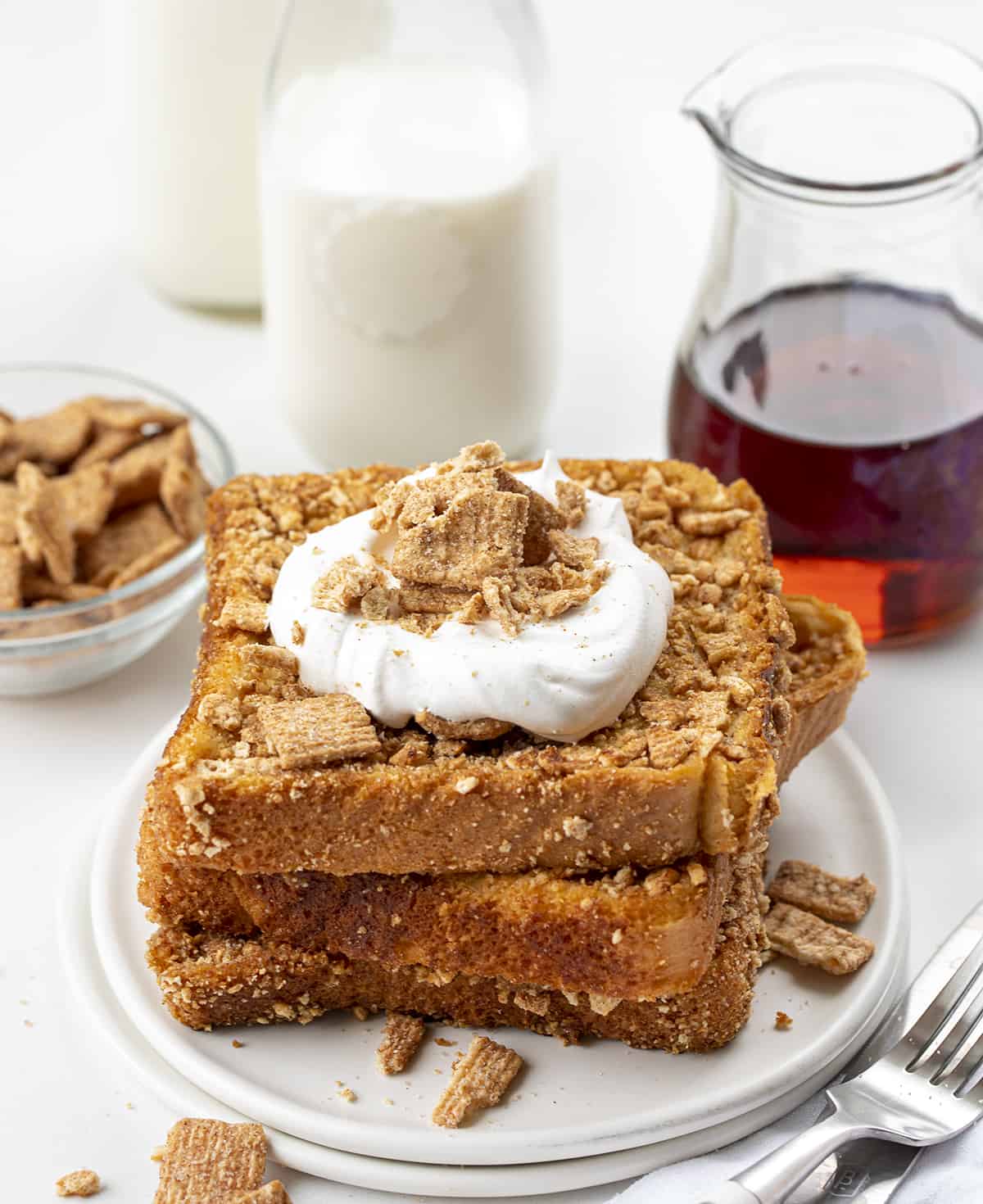 Stack of Cinnamon Toast French Toast Breakfast with Syrup and Milk