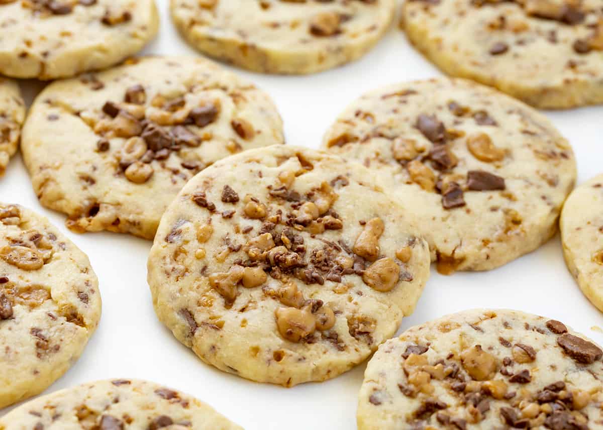 Close up of Toffee Icebox Cookies on White Counter. Cookies, Baking, Icebox Cookies, Toffee Cookies, Chocolate Toffee Cookies, Cookie Recipes, Can You Freeze Cookies, Shortbread Cookies, Dessert, i am baker, iambaker