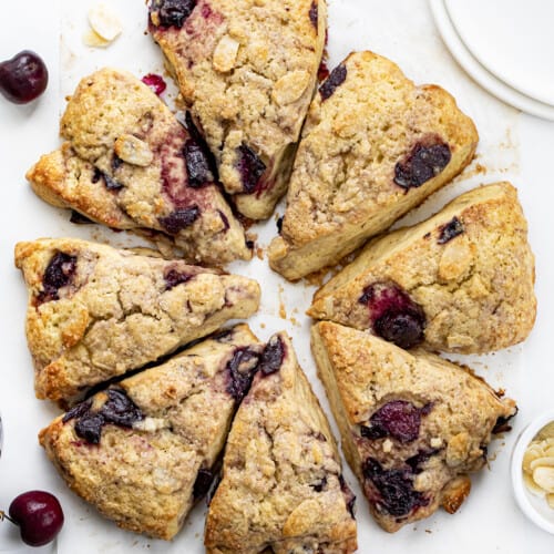Cherry Almond Scones in a Circle with Cherries. Breakfast, Scones, Scones Recipes, Cherry Scones, How to Make Scones, Breakfast Recipes, Cherry Recipes, iambaker, i am baker