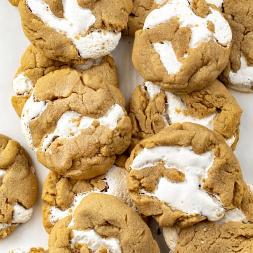 Fluffernutter Cookies on a White Counter From Overhead. Baking, Cookies, Cookie Recipes, Peanut Butter Cookies, Peanut Butter Marshmallow Cookies, Marshmallow Fluff, Cookie Exchange, Dessert, Easy Cookies, i am baker, iambaker