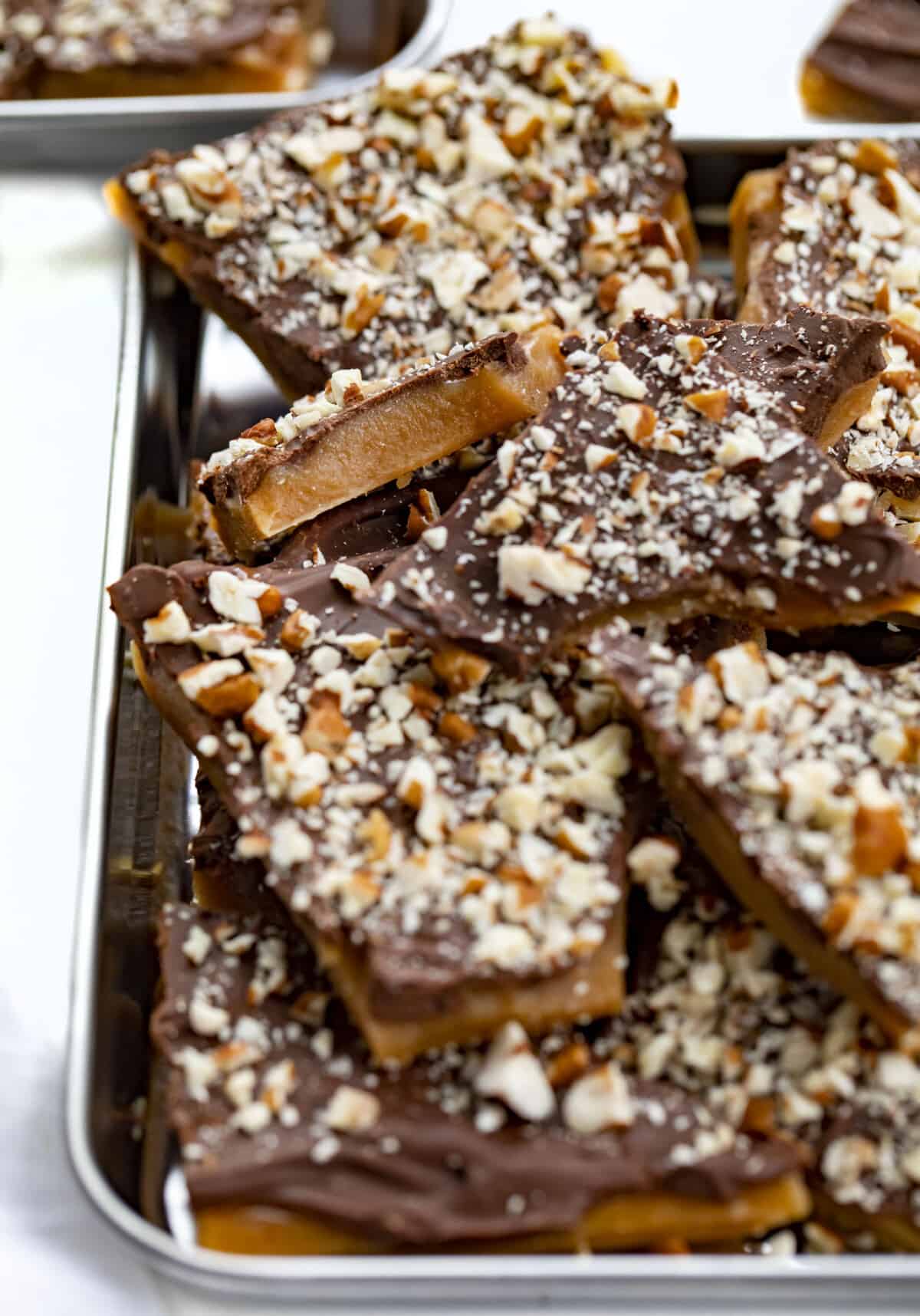 Close up of Chocolate and Nut Covered English Toffee.  