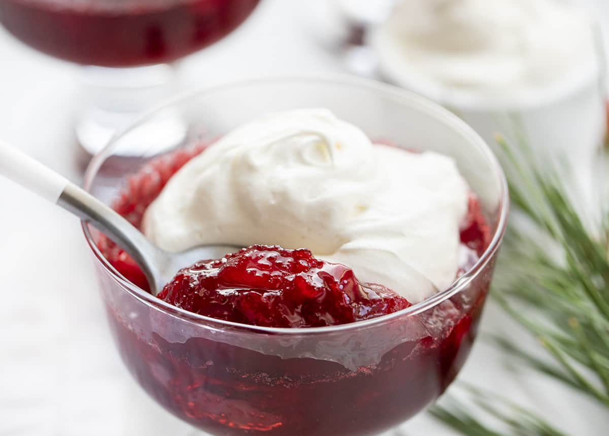 Spoonful of Cranberries in Snow Desserts on a White Counter with Cranberries and Pine. Dessert, Holiday Dessert, Christmas Dessert, Thanksgiving Dessert, No Bake Desserts, Cream Cheese Whipped Cream, Cranberry Desserts, i am baker, iambaker
