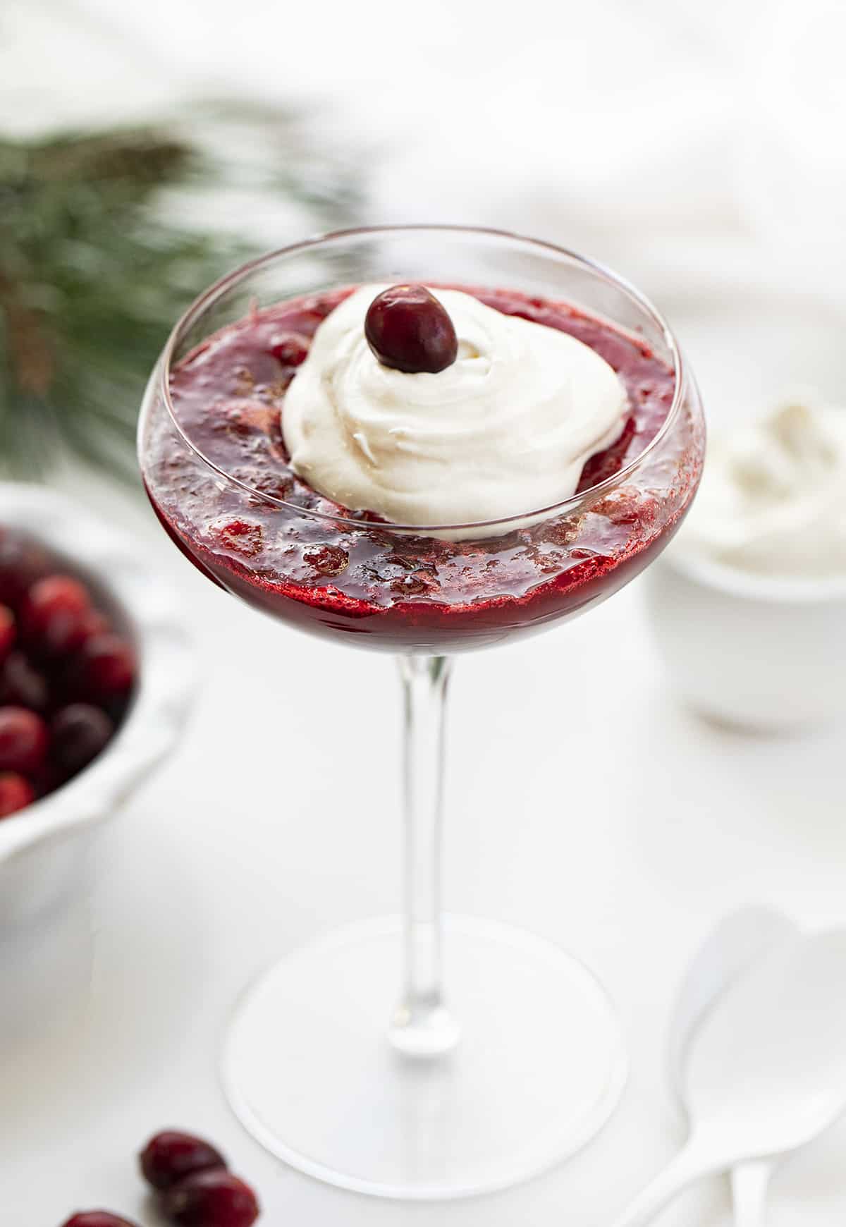 Cranberries in Snow Desserts on a White Counter with Cranberries and Pine. Dessert, Holiday Dessert, Christmas Dessert, Thanksgiving Dessert, No Bake Desserts, Cream Cheese Whipped Cream, Cranberry Desserts, i am baker, iambaker