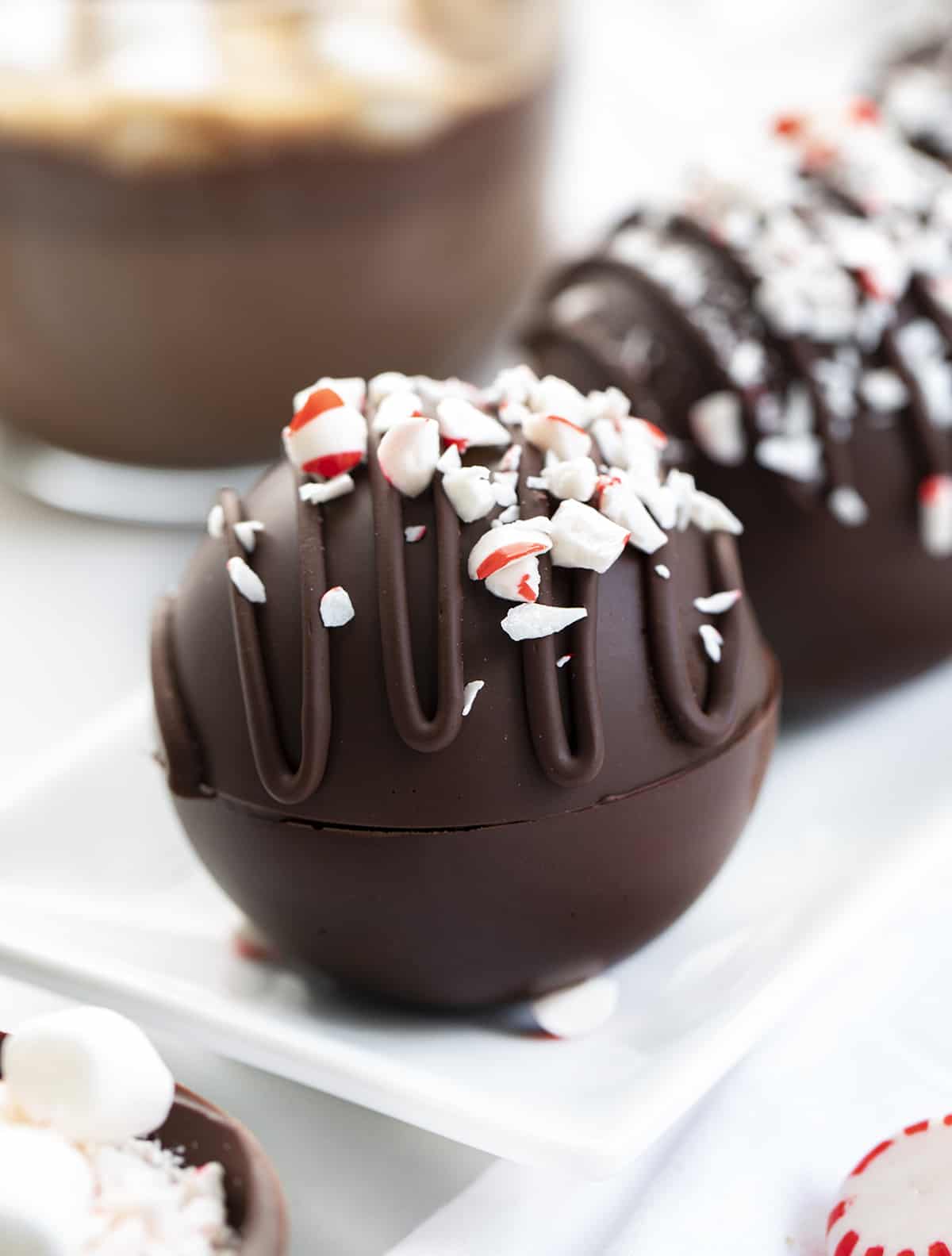 Close up of Peppermint Hot Cocoa Bombs.
