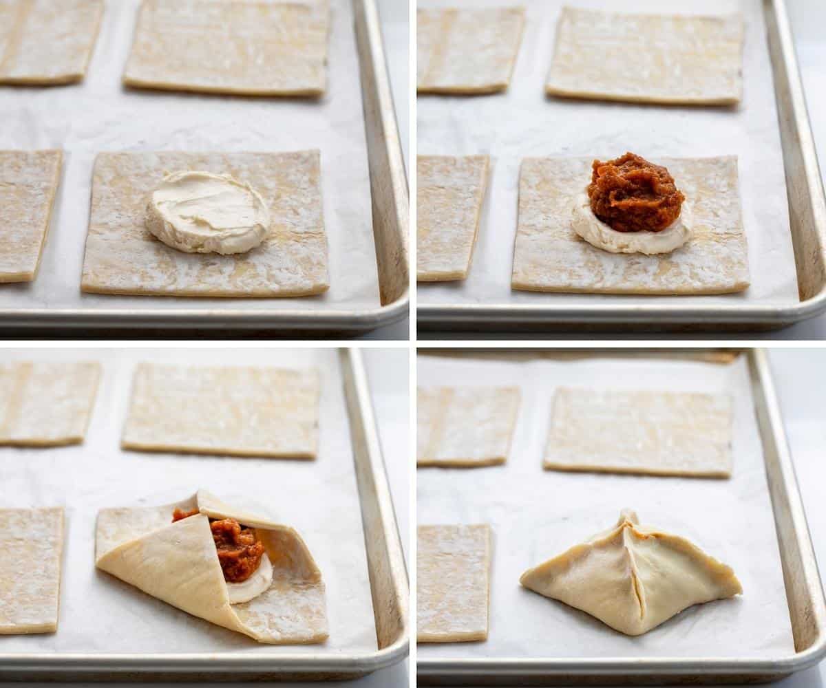 Steps for putting Together a Pumpkin Cream Cheese Danish on Puff Pastry. Breakfast, Snack, Pumpkin Danish, Puff Pastry, Pumpkin Puff Pastry, Pumpkin Cream Cheese Puff Pastry, Breakfast Danish, Dessert, Baking, Holiday Recipes, Thanksgiving Breakfast, Christmas Breakfast, i am baker, iambaker